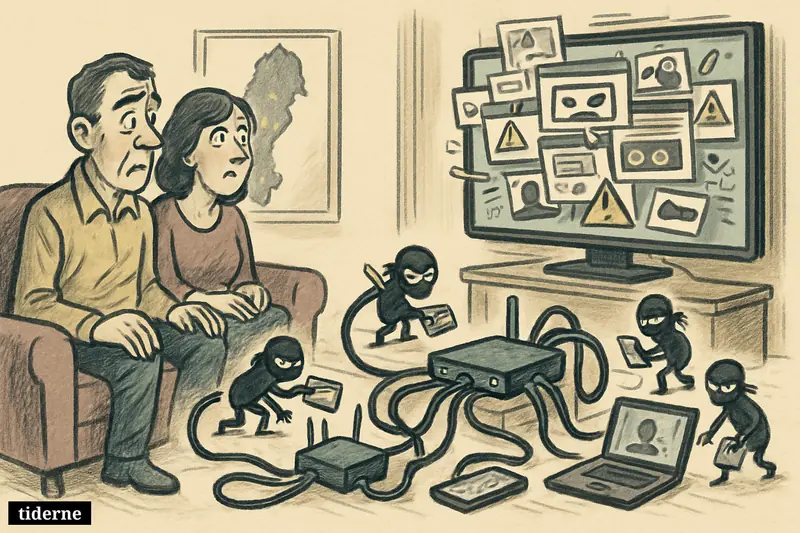 A living room with a TV box spreading malware-like cables into home devices while tiny thieves steal data, with Sweden referenced in the background.