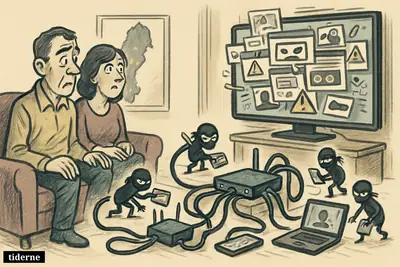 A living room with a TV box spreading malware-like cables into home devices while tiny thieves steal data, with Sweden referenced in the background.