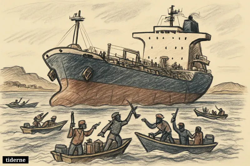 A caricature oil tanker near Somalia is surrounded by pirate skiffs as armed men board it close to a rocky shoreline.