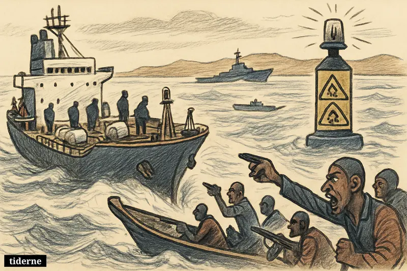 A cargo ship veers away from fast pirate skiffs off Somalia as a distant patrol vessel and warning buoy heighten the sense of danger.