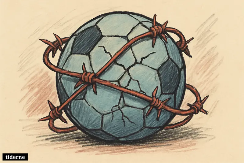 Cracked blue soccer ball wrapped in glowing red barbed wire against a dark black background (AI-genereret illustration)