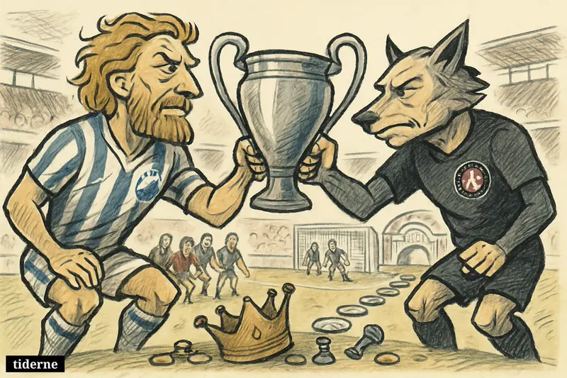 Two rival football captains in caricature tug over a cup trophy on Parken’s pitch, with broken crown, coins, and a path toward Europe behind them.