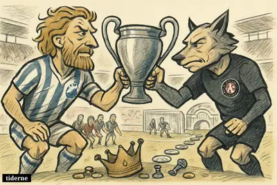 Two rival football captains in caricature tug over a cup trophy on Parken’s pitch, with broken crown, coins, and a path toward Europe behind them.