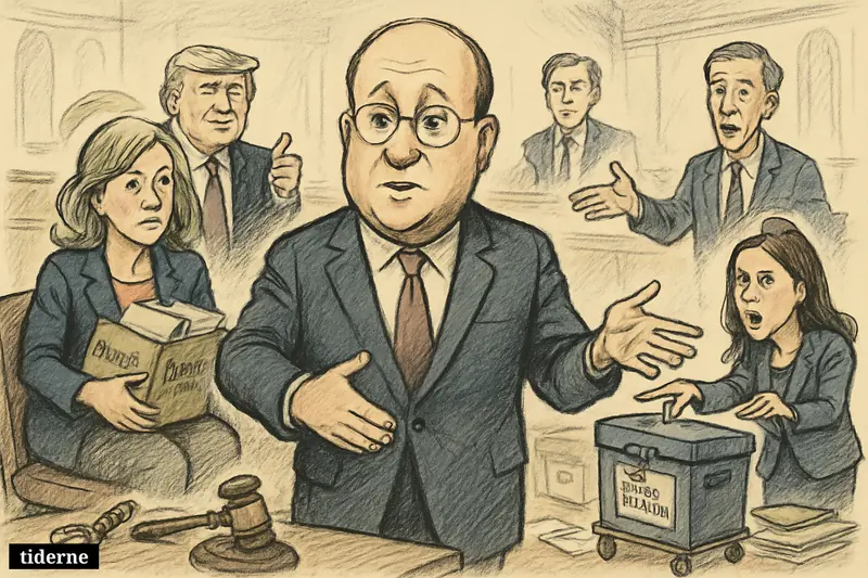 Caricature of Jared Polis facing backlash over Tina Peters’ sentence reduction, surrounded by angry Colorado Democrats and election-security symbols.