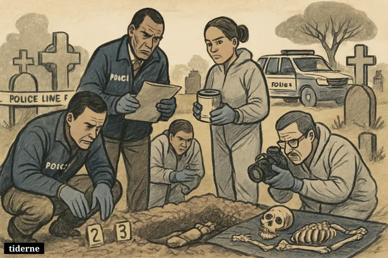 Forensic investigators and police examine disturbed graves in a cemetery, documenting small remains and evidence within a cordoned-off investigation scene.
