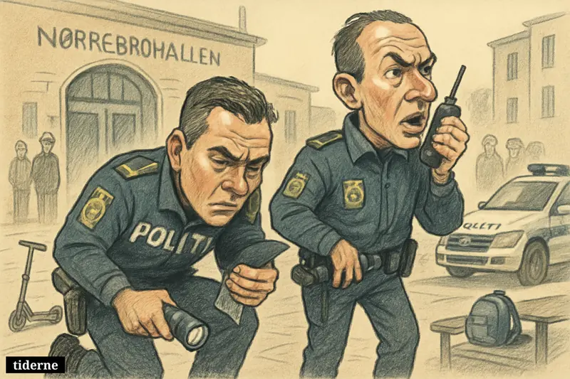 Two Copenhagen police officers search outside Nørrebrohallen near a child’s scooter and backpack as worried bystanders watch.