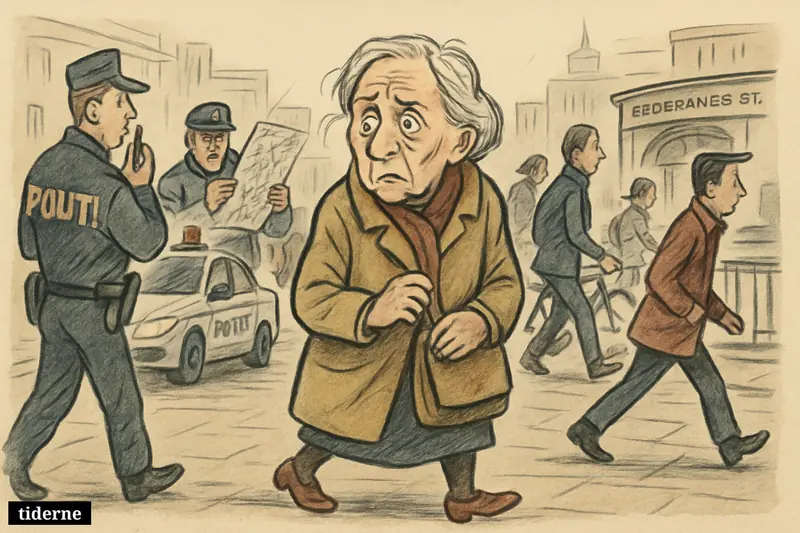 An elderly confused woman walks alone in Copenhagen as police urgently search around her amid busy streets, commuters, bicycles, and city transit.