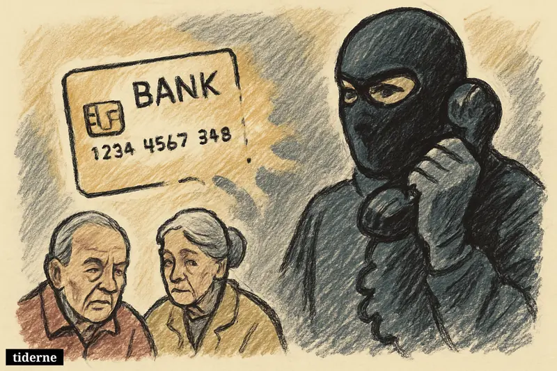 Glowing bank card fading into a shadowy telephone receiver above scattered PIN digits on a black background (AI-genereret illustration)