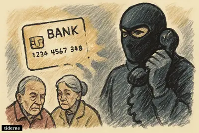 Glowing bank card fading into a shadowy telephone receiver above scattered PIN digits on a black background (AI-genereret illustration)