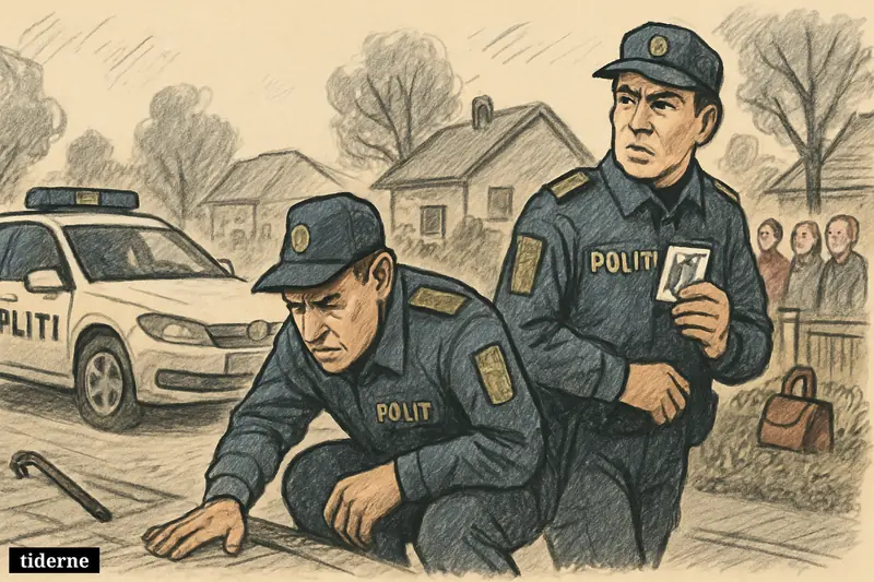 Two police officers search a quiet suburban street near a house, with a cane and handbag hinting at a missing elderly woman.