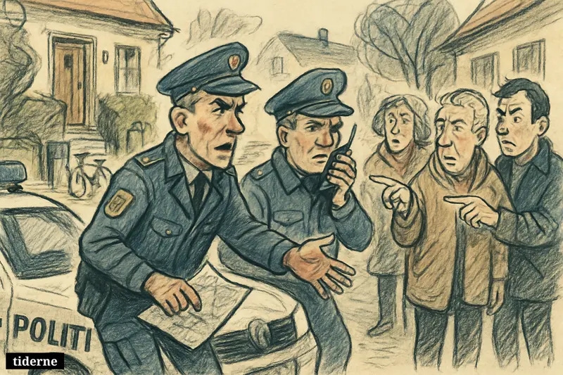 Police officers question worried neighbors on a residential street in Lyngby during a search for a missing person. (AI-genereret illustration)