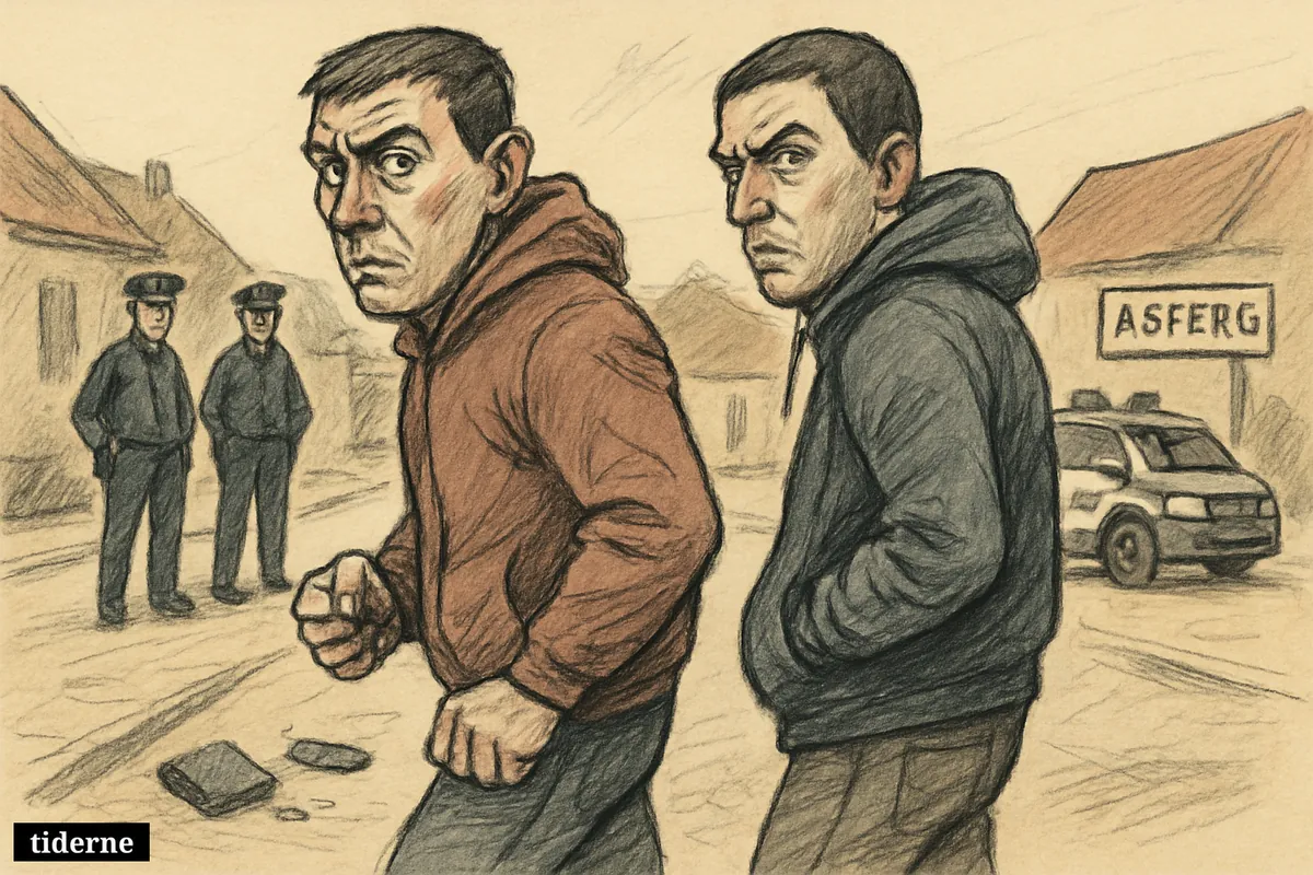 Two suspicious men in streetwear stand tensely on a small-town street while police and scattered personal items suggest a violent crime investigation.