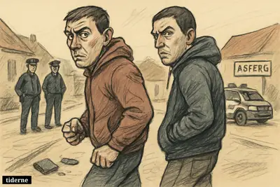 Two suspicious men in streetwear stand tensely on a small-town street while police and scattered personal items suggest a violent crime investigation.