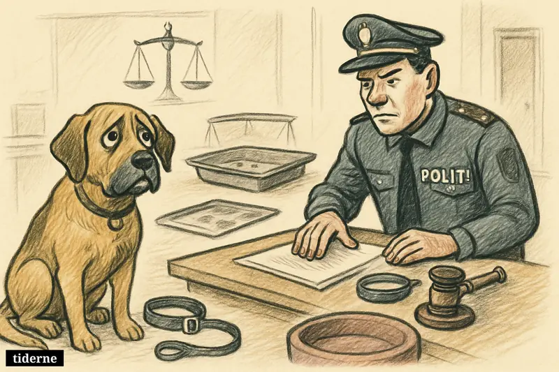 A worried dog faces a police officer in a hearing room with weak evidence, legal symbols, and signs of irreversible consequences.