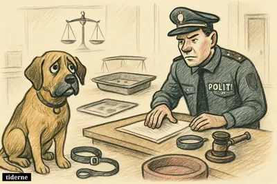 A worried dog faces a police officer in a hearing room with weak evidence, legal symbols, and signs of irreversible consequences.