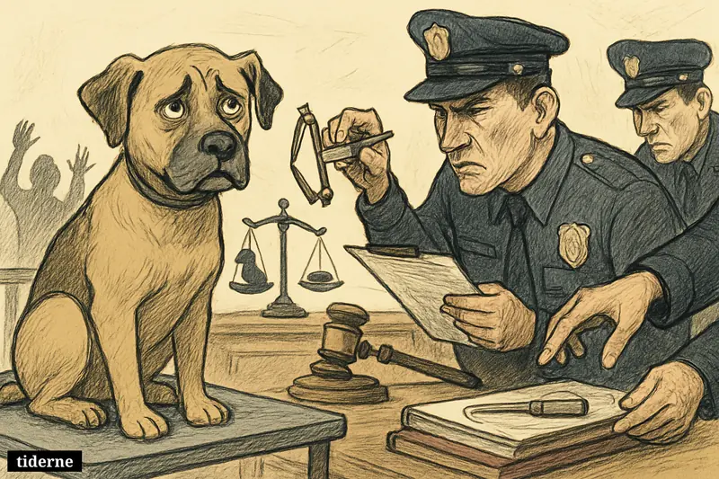 A worried dog is inspected by police with measuring tools in a hearing-room kennel, while justice symbols suggest criticism of unfair decisions.