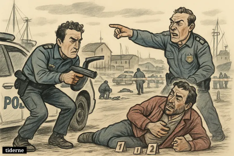 Police officers confront a wounded man on a harbor street as investigators secure the scene during a tense shooting incident.