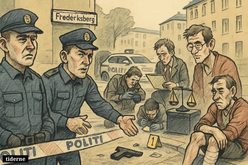 Investigators and police examine a cordoned-off Frederiksberg street after a police shooting, with evidence on the ground and a wounded man seated nearby.