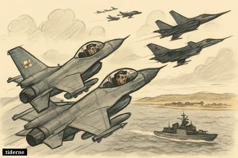 Polish fighter jets race to intercept Russian warplanes above the Baltic Sea, with a warship below and NATO aircraft in the distance.