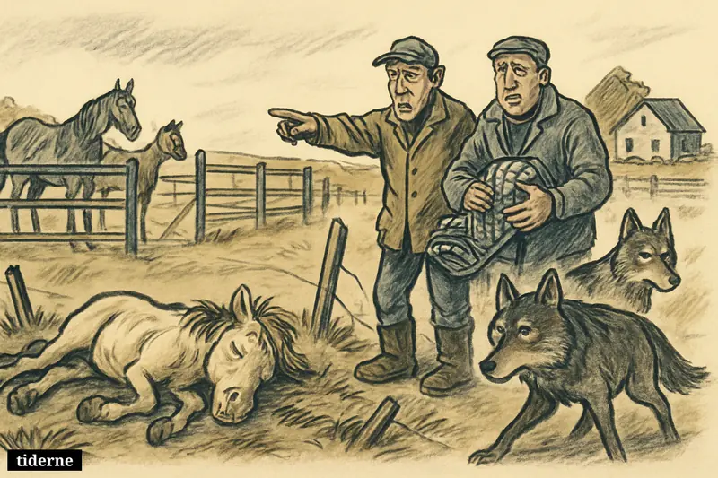 A dead pony in a pasture, two wary wolves nearby, and worried farm owners by a weak fence outside a rural farmhouse.