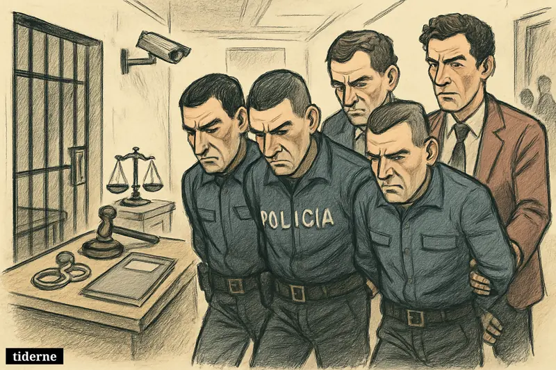Restrained Portuguese police officers are escorted through a detention corridor by investigators, with custody bars, legal symbols, and surveillance in view.