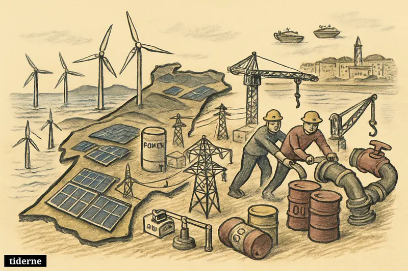 Portugal-shaped energy landscape with wind turbines, solar panels, batteries, and power lines displacing fossil fuel infrastructure near a coastal skyline.