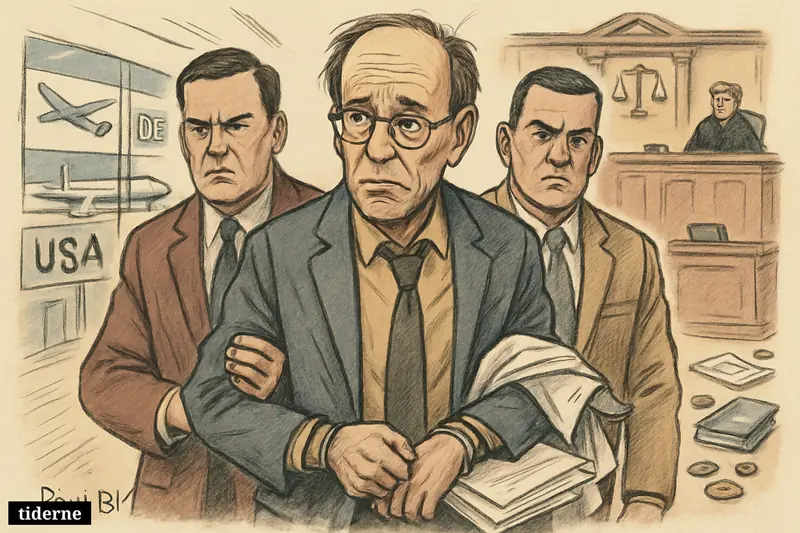 Caricature of Poul Bak Thorsen being escorted by officers from a transfer area toward a U.S. courtroom with medical and finance clues.