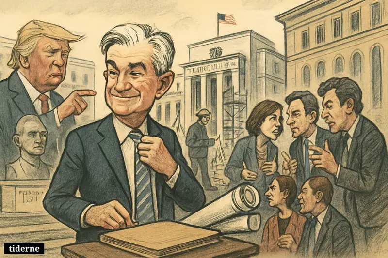 Jerome Powell steps away from a closed investigation file outside the Federal Reserve as Trump and other political figures watch amid renovation scaffolding.