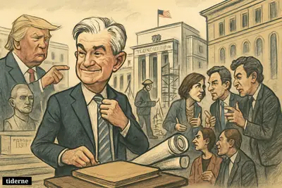 Jerome Powell steps away from a closed investigation file outside the Federal Reserve as Trump and other political figures watch amid renovation scaffolding.