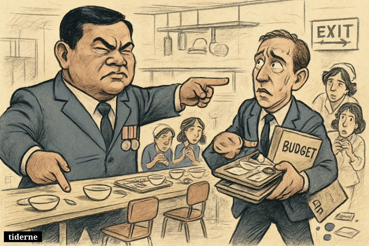 Prabowo Subianto angrily dismisses a school meal official in a chaotic cafeteria with sick children, spilled lunches, and scattered budget papers.