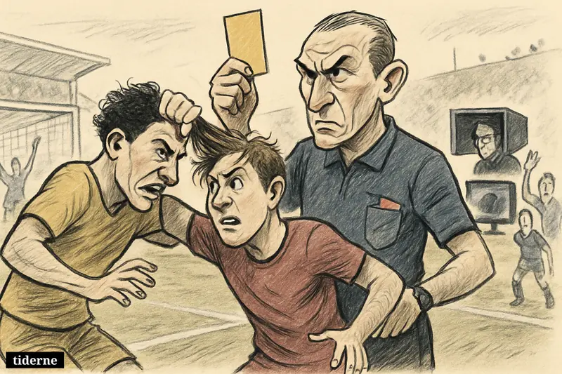 A referee shows yellow instead of red as two football players are caught in a hair-pulling incident during a tense match.