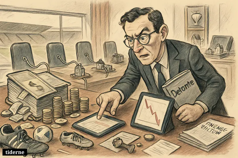 A worried accountant in a football boardroom points at losses as cash, football gear, and funding props crowd the table. (AI-genereret illustration)