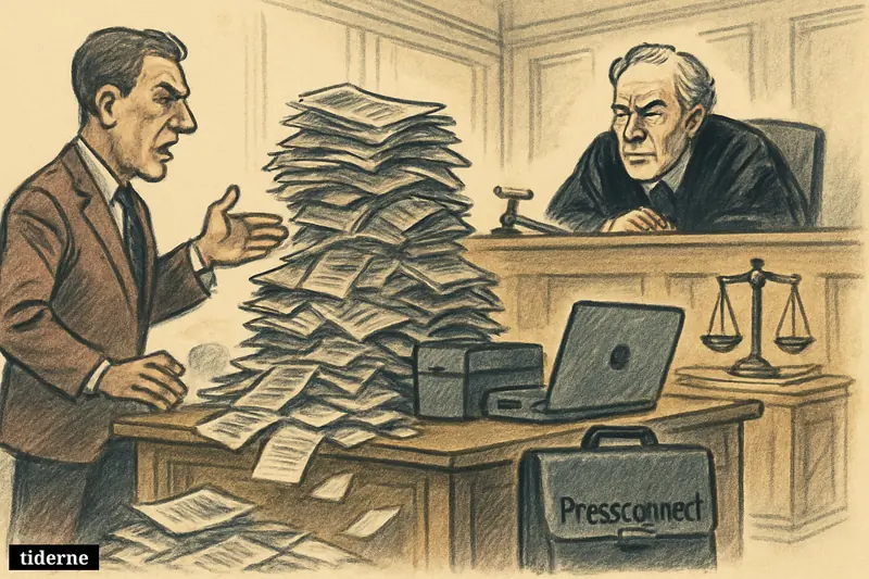 A courtroom scene with a huge pile of copied articles on an evidence table, a prosecutor pointing, and a judge watching gravely.