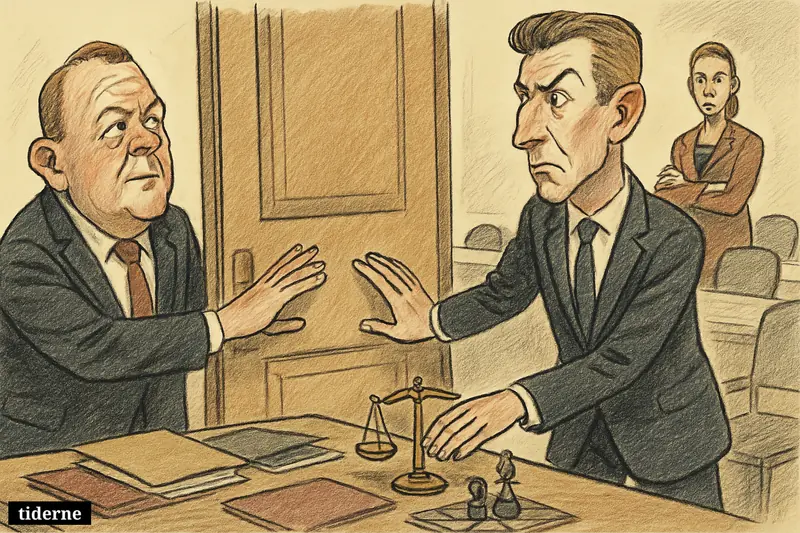 Lars Løkke Rasmussen and Troels Lund Poulsen tensely reach for a closing door in a negotiation room while Mette Frederiksen watches nearby.