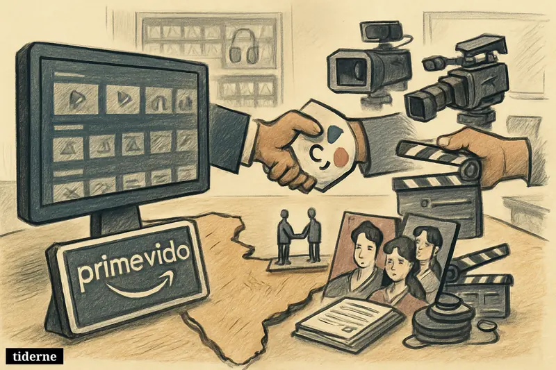 A caricature boardroom scene shows Prime Video India and a Korean studio exchanging streaming content across an India-shaped table with film props and dubbing headsets. (AI-genereret illustration)