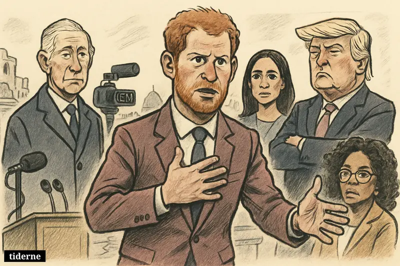 Caricature of Prince Harry speaking urgently in Kyiv, flanked by King Charles, Donald Trump, Meghan Markle, and Oprah amid wartime political tension.
