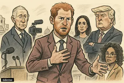 Caricature of Prince Harry speaking urgently in Kyiv, flanked by King Charles, Donald Trump, Meghan Markle, and Oprah amid wartime political tension.