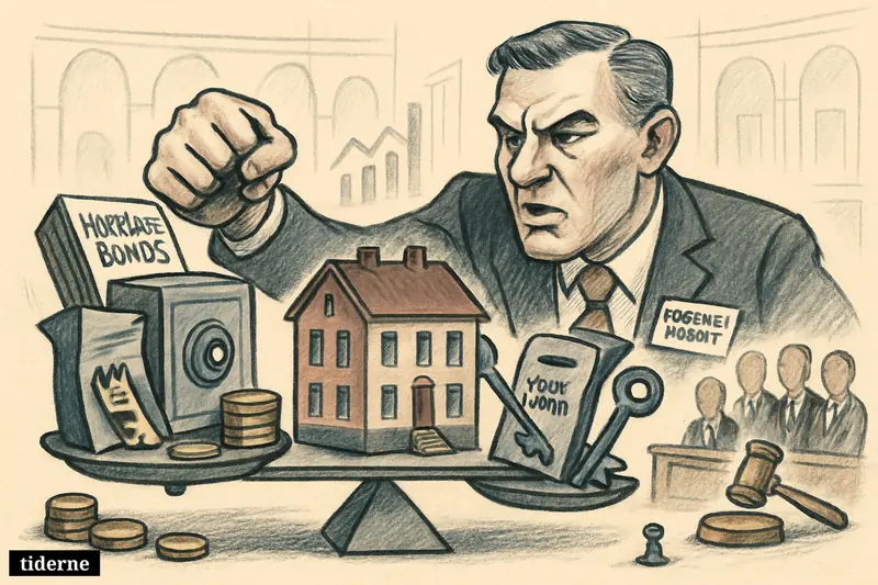 A caricature housing finance showdown with a house on scales, traditional mortgage symbols, competing bank-loan symbols, and a forceful corporate figure confronting politicians.