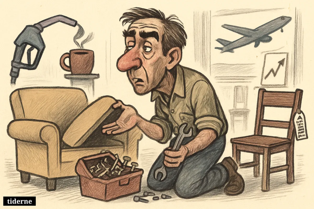 A caricature repairman beside a sofa, with furniture tools, diesel can, cocoa mug, airplane outside, and rising-price symbols in a living room. (AI-genereret illustration)
