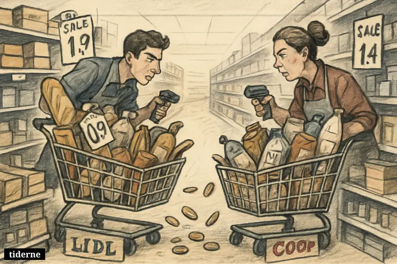 A caricature grocery aisle shows Lidl and Coop sections confronting each other with packed carts, price tags, and workers battling through discounts.