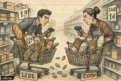 A caricature grocery aisle shows Lidl and Coop sections confronting each other with packed carts, price tags, and workers battling through discounts.