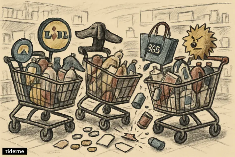 Four rival discount supermarket carts confront each other in a chaotic grocery aisle, surrounded by falling products, coins, and blank price tags.