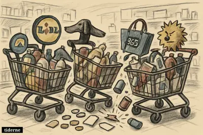Four rival discount supermarket carts confront each other in a chaotic grocery aisle, surrounded by falling products, coins, and blank price tags.
