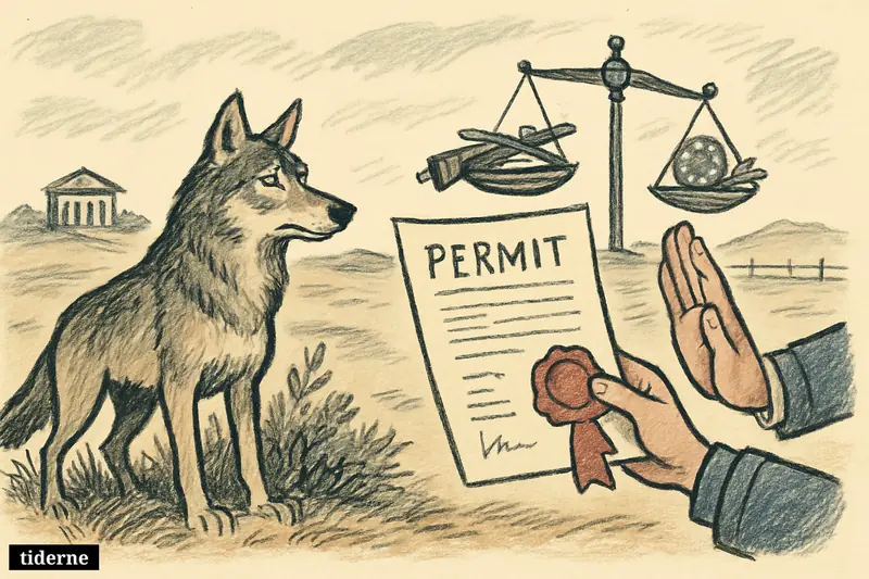 A wary wolf faces conflicting hands, legal scales, and hunting permit symbols in a heath landscape suggesting an EU wildlife protection dispute.