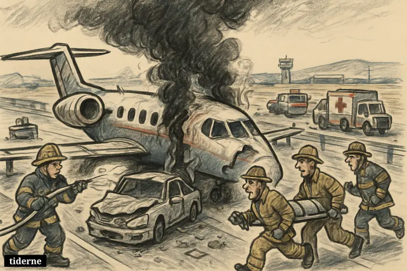 A damaged private jet blocks a Texas highway as firefighters and paramedics battle smoke beside a crushed vehicle near an airport.