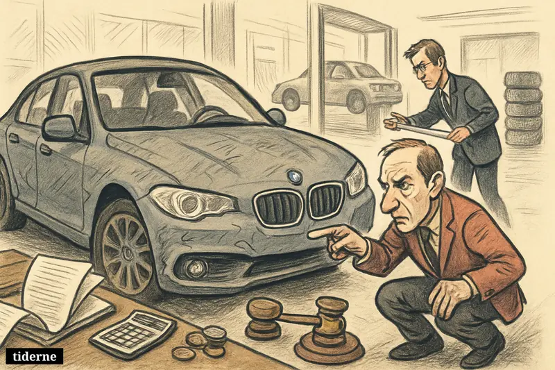 A caricature BMW lease return inspection shows scratches, worn tires, and a long bill as staff scrutinize the car.