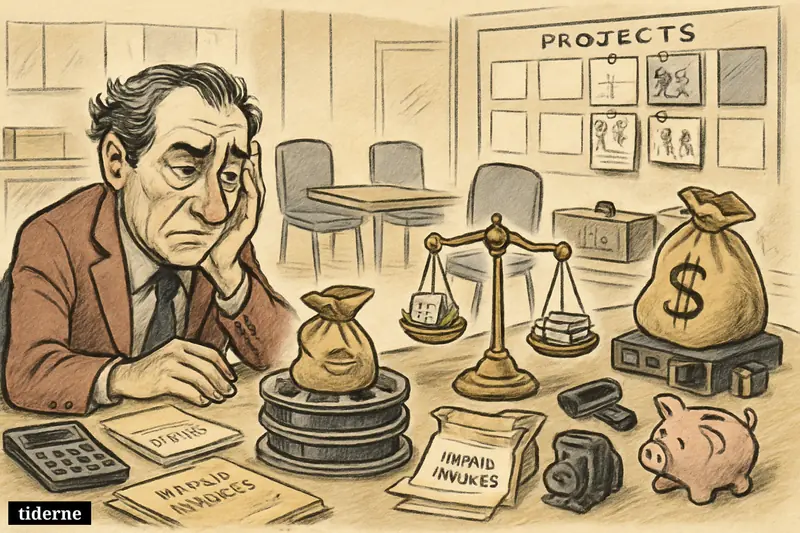 A worried film producer in an office faces empty buyer chairs, few projects, shrinking rights assets, and signs of financial strain. (AI-genereret illustration)