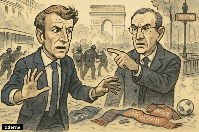 Macron and Laurent Nuñez stand before riot police, arrests, tear gas, and football celebration debris on a chaotic Paris street.