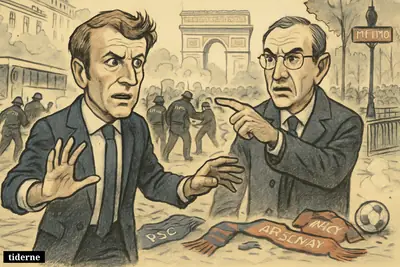 Macron and Laurent Nuñez stand before riot police, arrests, tear gas, and football celebration debris on a chaotic Paris street.