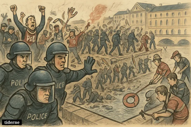 French police confront chaotic PSG celebration unrest in Paris near the Seine, with arrests, injuries, debris, and rescue activity by the river.